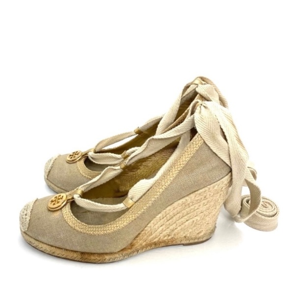 TORY Burch Canvas Lace up Ankle Espadrilles Wedge Heel In Gold Size 9 - Picture 4 of 8